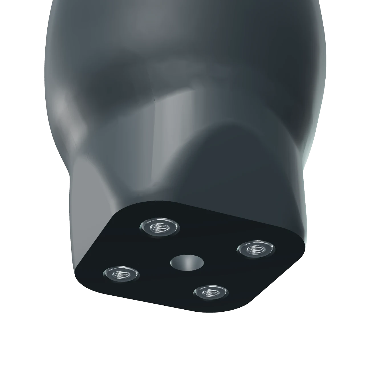The block of the printed socket from below: the plate, four steel inserts and the centre hole